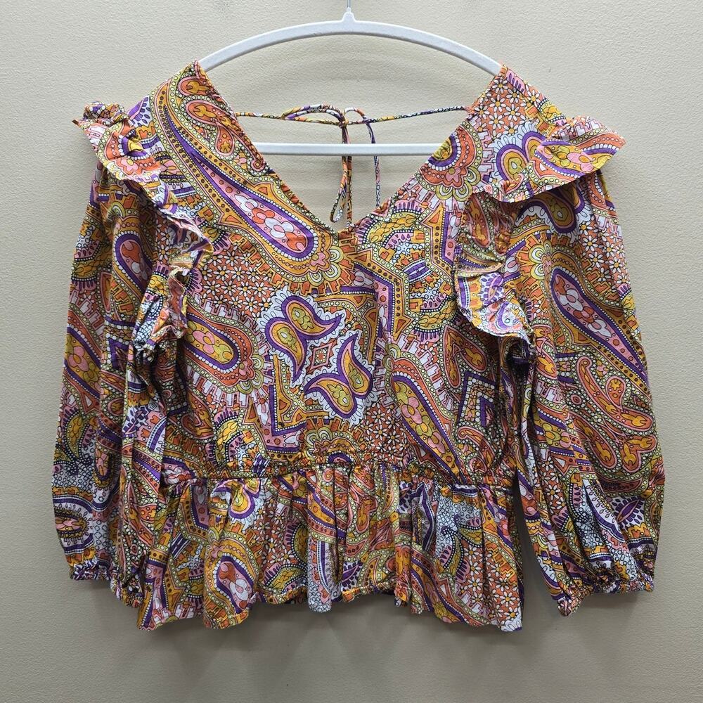Broadway 38 Abstract Ruffle Puff Sleeve Paisley Blouse Top Multicolor SZ Medium